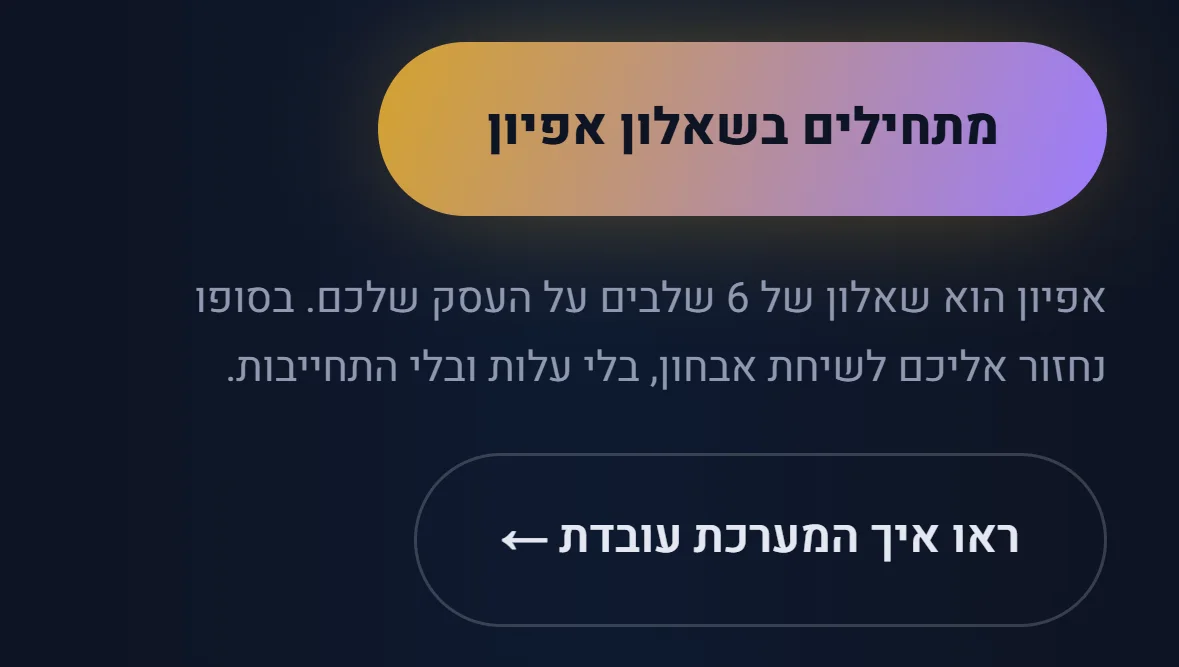כפתור מתחילים בשאלון אפיון: טקסט כהה על אותו רקע, ומתחתיו שורת הסבר